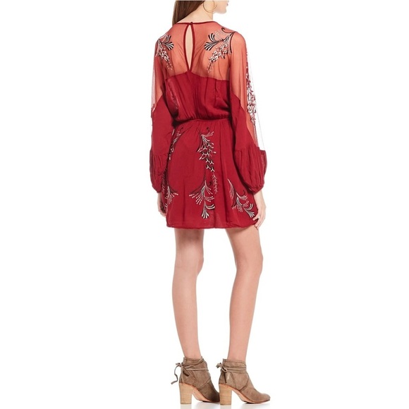 Free People Bonjour Floral Red Embroidered Long Sleeve Mini Dress XS - Picture 5 of 15